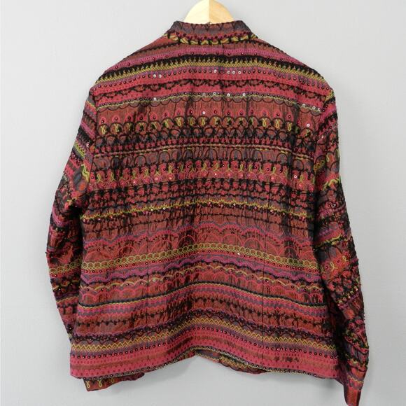 Chico's Jacket Size XL 3 Embroidered Beaded Southwestern Boho Artisan Burgundy - Picture 9 of 12